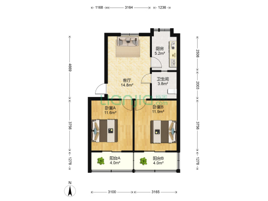 兰园公寓 2室1厅1卫 63平方