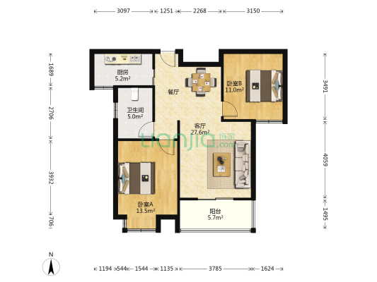 九润双子星公寓 2室1厅1卫 90平方