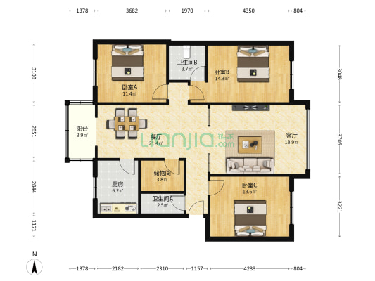茂园 3室2厅2卫 120平方