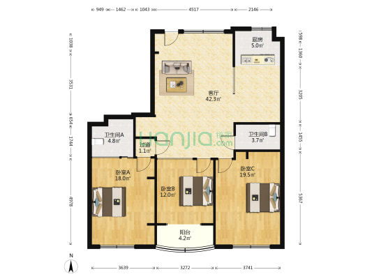 上来桥装饰市场 3室1厅2卫 147平方