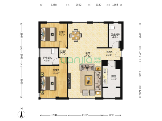 又一城尚座 2室1厅2卫 126平方