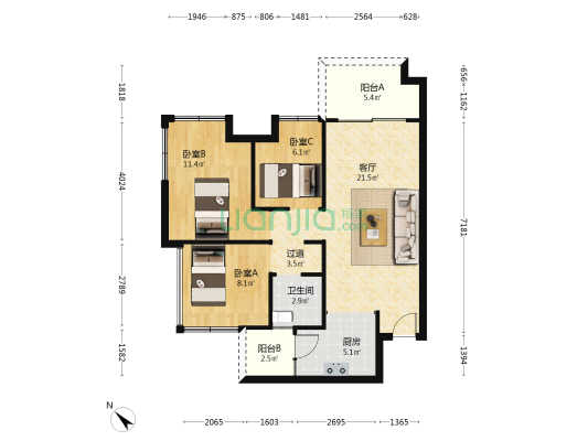 天府理想城 3室1厅1卫 72平方