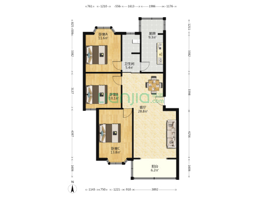 工商苑 3室1厅1卫 102平方