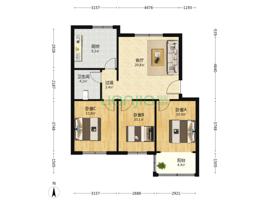 天悦华府 3室1厅1卫 95平方