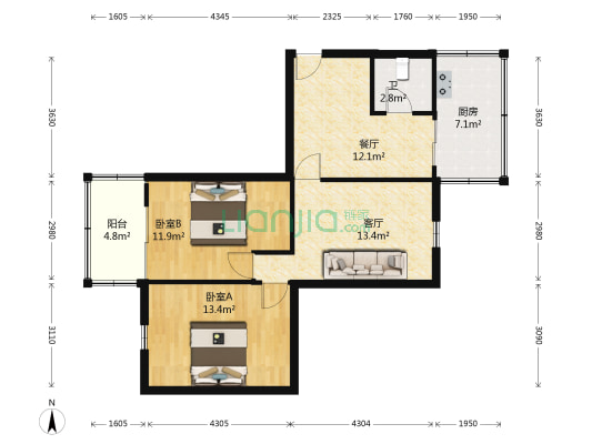 六合街 2室2厅1卫 87平方