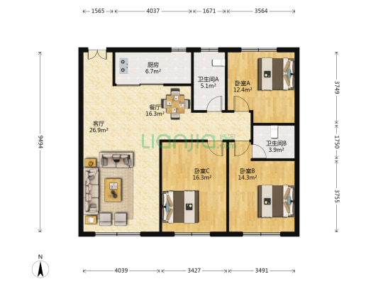 好客国际 3室2厅2卫 127平方