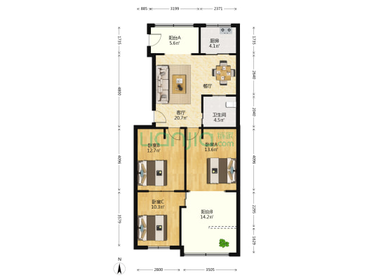 洪家楼南路21号 3室1厅1卫 95平方