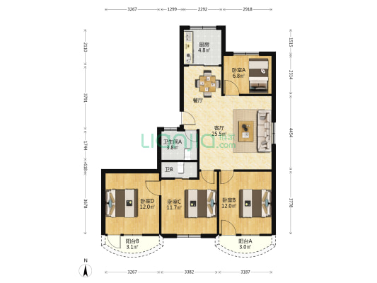 市计委宿舍 4室1厅2卫 107平方