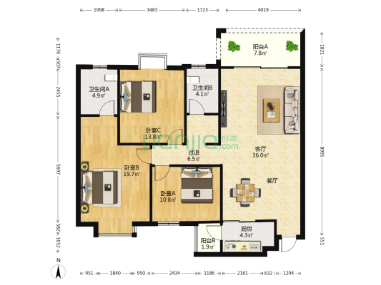 广西南宁电池厂宿舍 3室1厅2卫 131平方