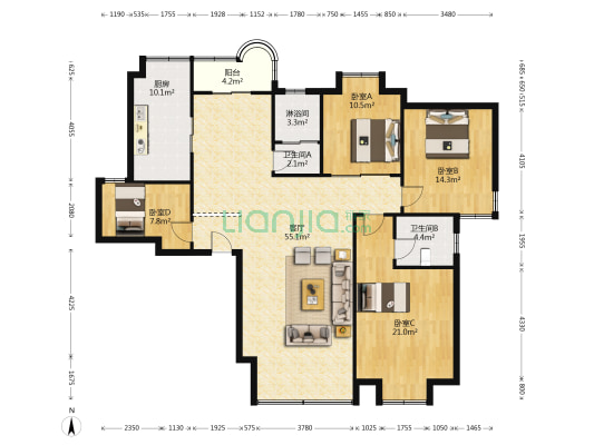建信商住楼 4室1厅3卫 171平方