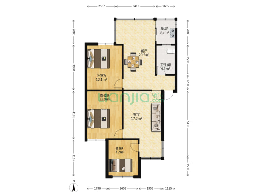 秋苑小区 3室2厅1卫 92平方