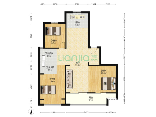 嘉北名邸 3室1厅2卫 127平方