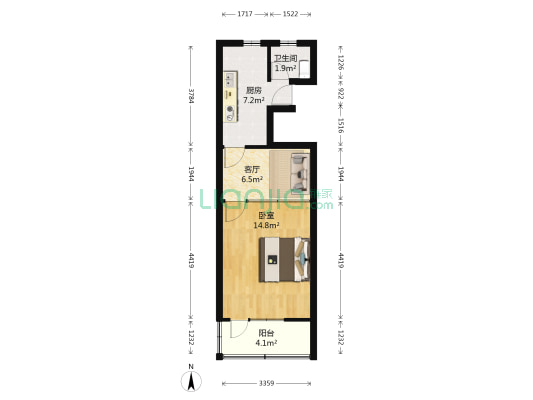 军工路周家 1室1厅1卫 43平方