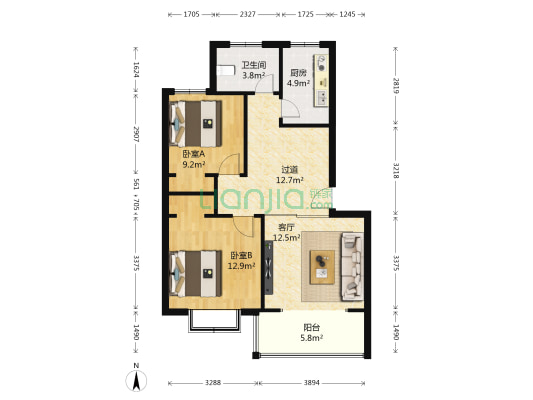 紫荆阳光地带 2室1厅1卫 79平方