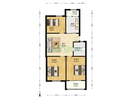 团结村 3室1厅1卫 85平方