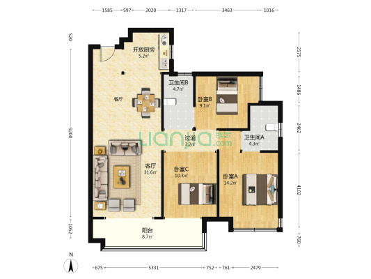 日盛湖湘府 3室1厅2卫 115平方