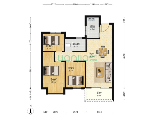 长沙北中心保利时代C区 3室1厅1卫 89平方