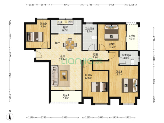 光航城 4室1厅2卫 140平方