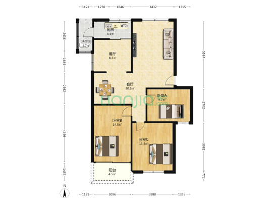 市府东院 3室2厅1卫 100平方