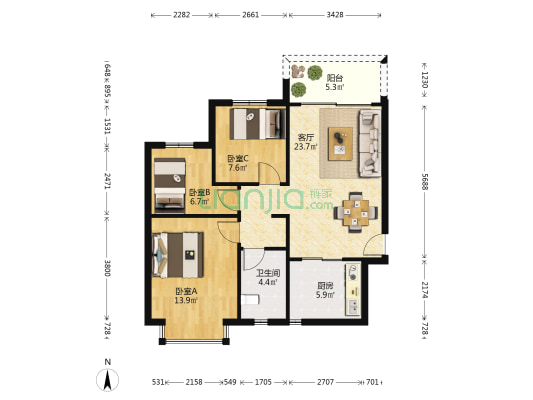 恒大文化旅游城C区 3室1厅1卫 91平方