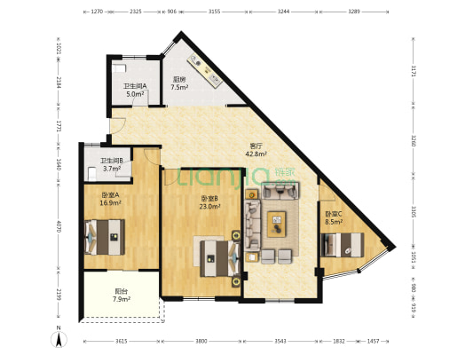 东方红小区 3室1厅2卫 132平方