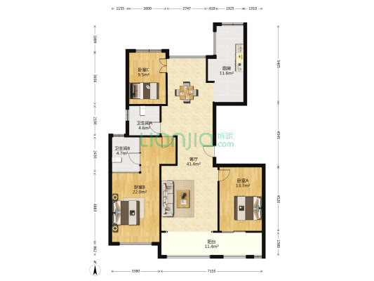 城市之星 3室1厅2卫 143平方