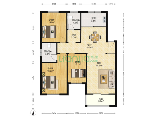 阳明华都东区 3室2厅2卫 123平方