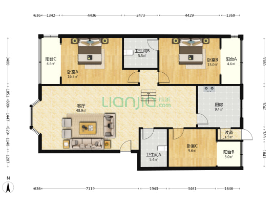 江都庭院 3室1厅2卫 137平方
