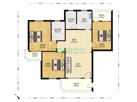 中横花园 3室2厅2卫 124平方
