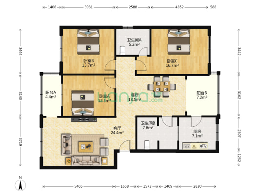 同心小区 3室2厅2卫 142平方