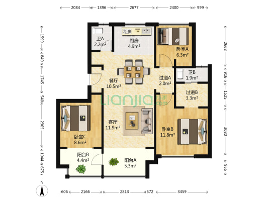 天悦龙庭 3室2厅2卫 88平方