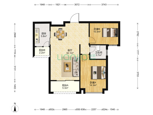 珠江新村 2室1厅1卫 97平方