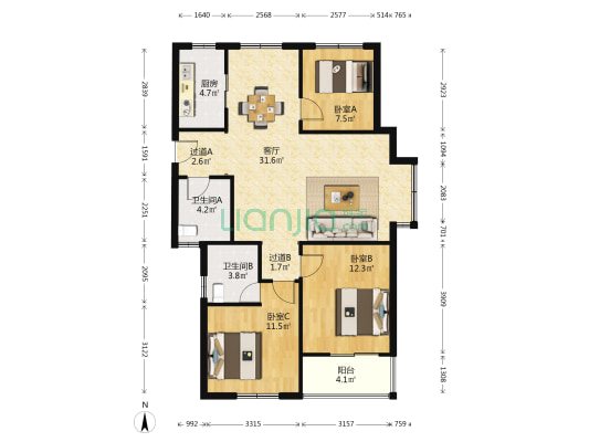 七格幸福家园 3室1厅2卫 119平方