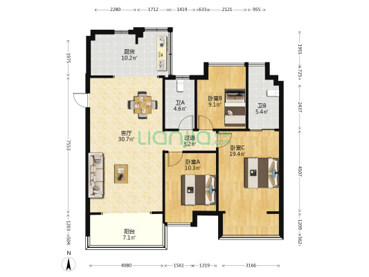 紫园C区 3室1厅2卫 122平方
