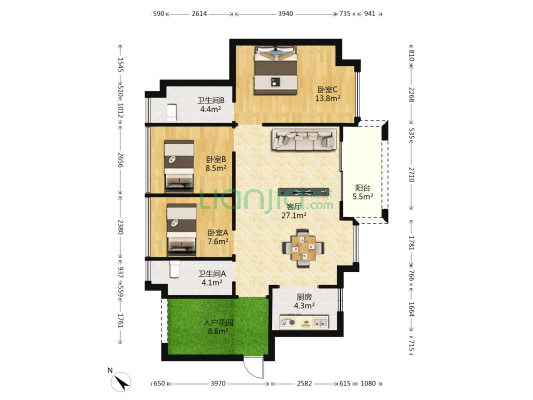宁海世纪城3期 3室1厅2卫 98平方