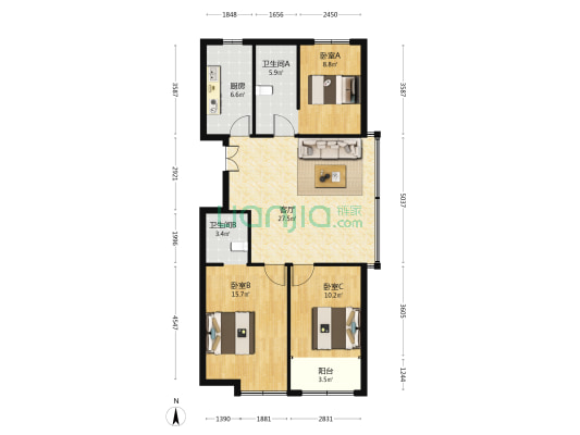 郡王府东郡 3室1厅2卫 107平方
