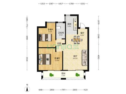 万城九悦府 2室2厅1卫 80平方