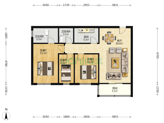 富阳新村 3室1厅2卫 95平方