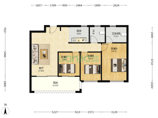 置地百悦府C区 3室1厅2卫 107平方