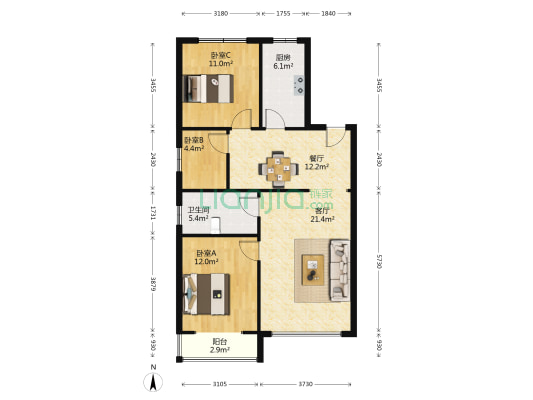 龙华城二期 3室2厅1卫 110平方