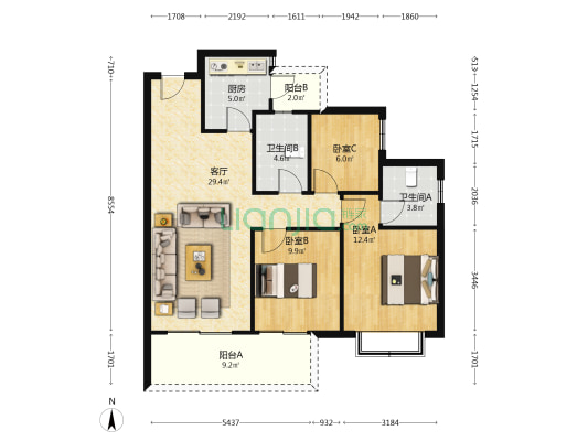 旭辉天樾花园 3室1厅2卫 108平方