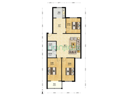 平阳路农行宿舍 3室2厅2卫 134平方