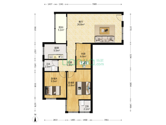 石油公司宿舍 3室1厅2卫 93平方