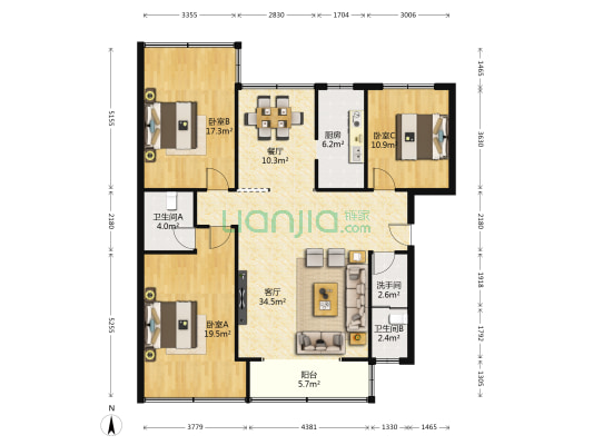 鸿运小区 3室2厅3卫 134平方