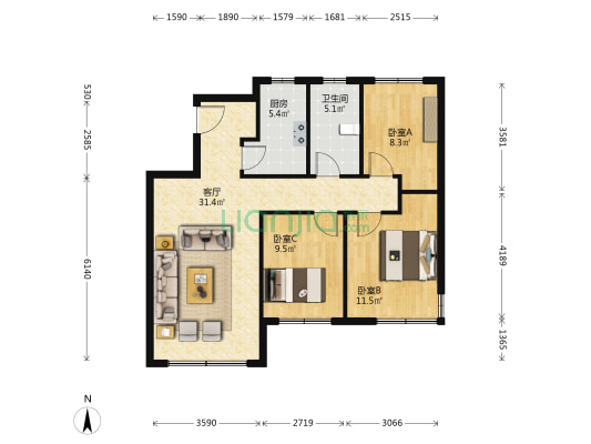 阳光城翡丽府 3室1厅1卫 95平方