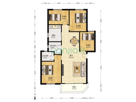千叶苑 4室1厅2卫 115平方