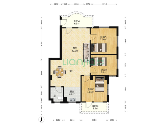 西区沙朗恒苑路 3室1厅1卫 95平方