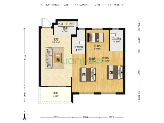 华鸿时代中央公园 3室1厅2卫 96平方