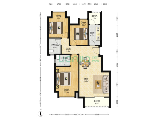 万腾御景城一期 3室1厅2卫 97平方