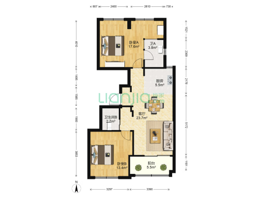 德信东望府 2室1厅2卫 88平方